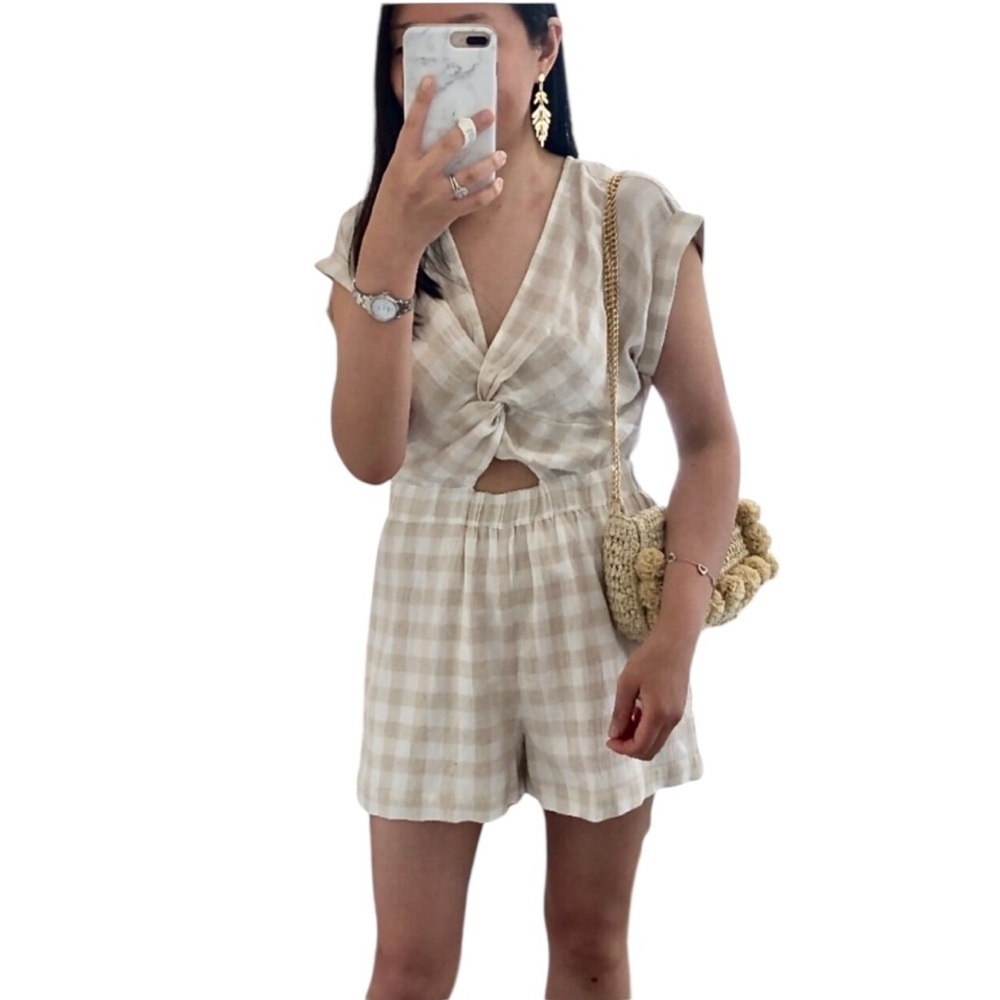 LOFT Beach Gingham Twist Front Romper Womens L Tan NWOT